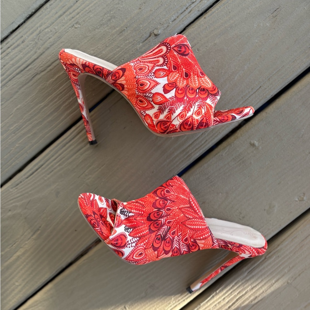 Elegant Red Peep-Toe 4” Stiletto Floral Heels, Size: 9 = EURO 40